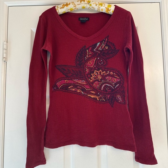 Lucky Brand Maroon Waffle Knit Tee | Size S | 90s Y2K Style Boho Long Sleeve - Picture 1 of 6